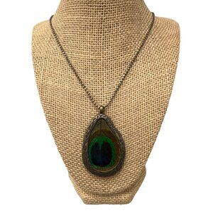 Peacock Feather Pendant Necklace Antique Gold Finish Adjustable Ball Chain